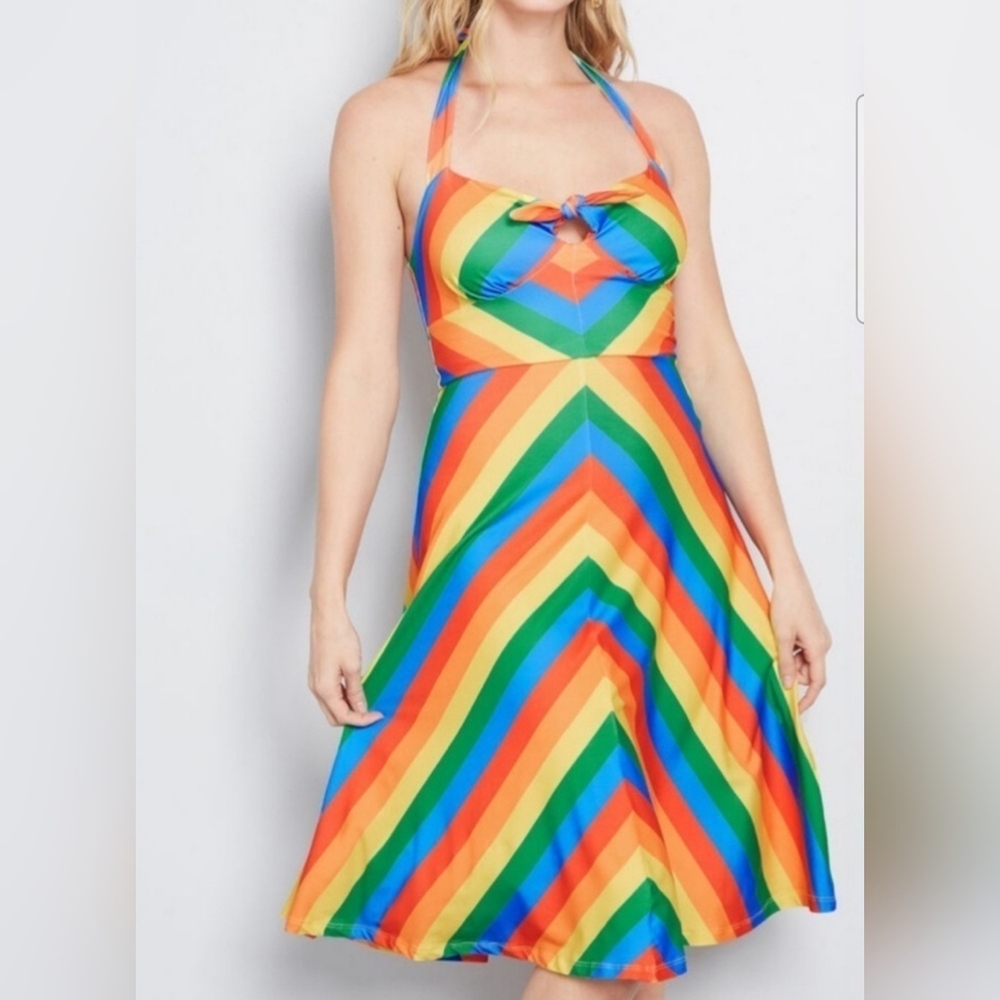 Modcloth Rainbow Striped Halter Dress *rare* NWT